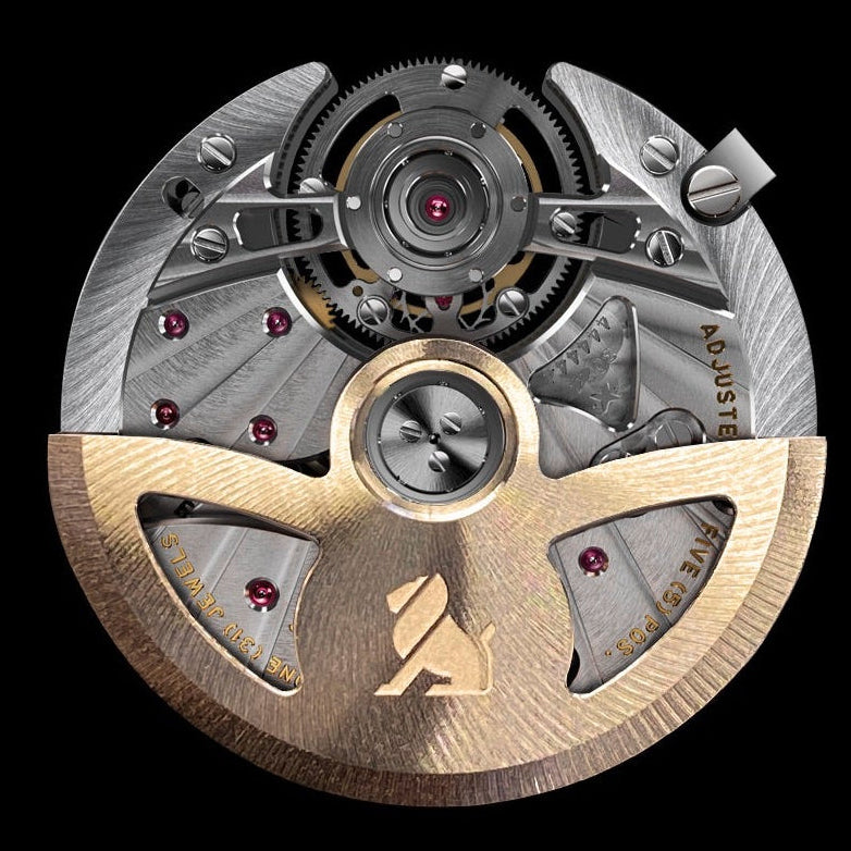 Close-up of a mechanical watch movement with gold and silver components on a black background